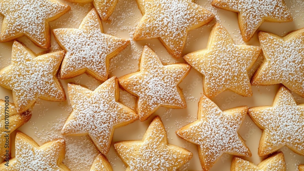 Christmas cookies in the shape of stars and trees, dusted with powdered sugar and arranged with holiday-themed kitchen tools Christmas cookies in the shape of stars and trees, dusted with powdered sugar and arranged with holiday-themed kitchen tools
