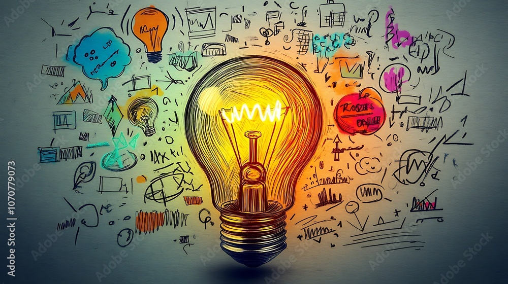 A brightly glowing light bulb with colorful accent A brightly glowing light bulb with colorful accent