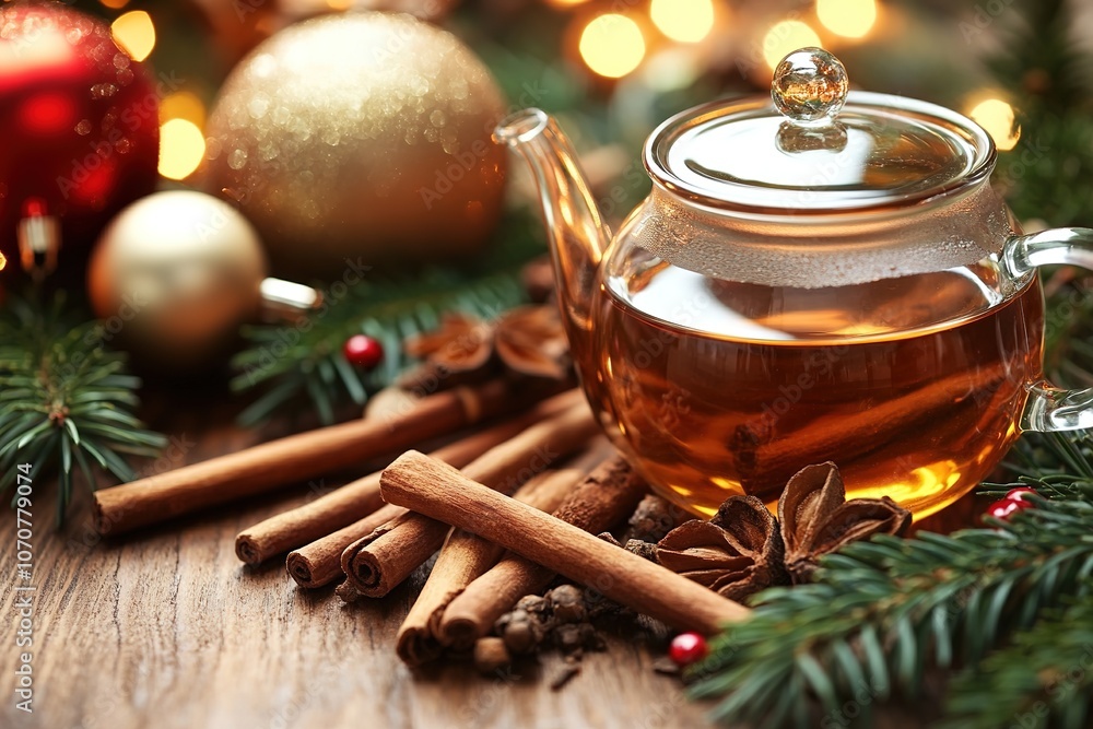 Cozy holiday tea setup with cinnamon and festive decor Cozy holiday tea setup with cinnamon and festive decor