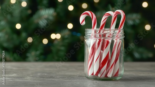 Close-up of candy canes and holiday lollipops in a glass jar, with a snow-dusted evergreen background and warm festive lighting