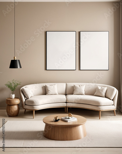 Stylish curved modern sofa in a minimalist living room setting with chic wooden side tables and soft rug with picture on the wall. Bege color