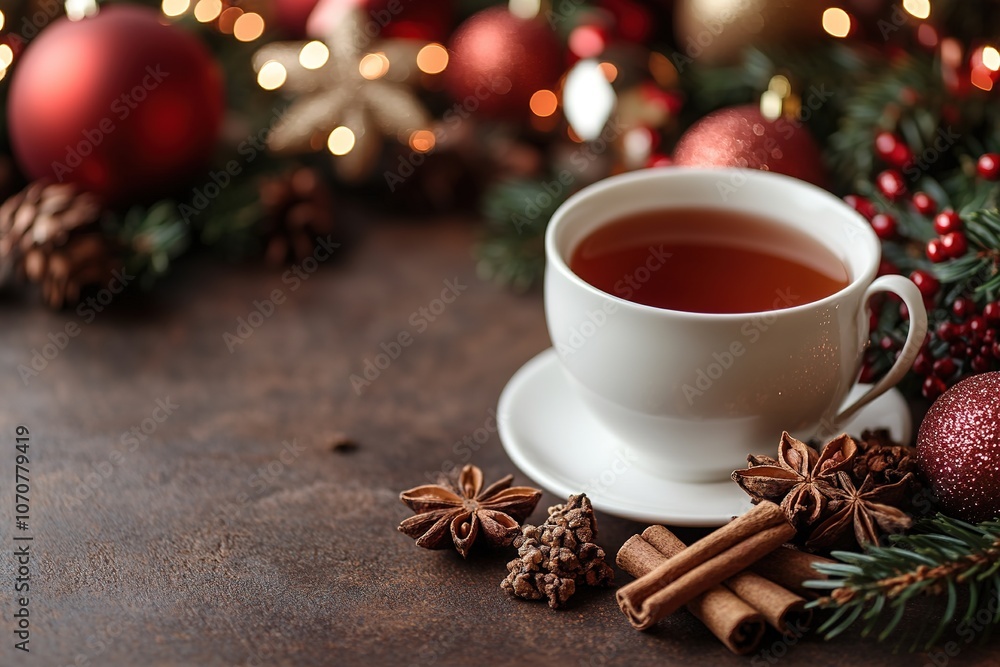 Cozy holiday tea setting with festive decorations Cozy holiday tea setting with festive decorations