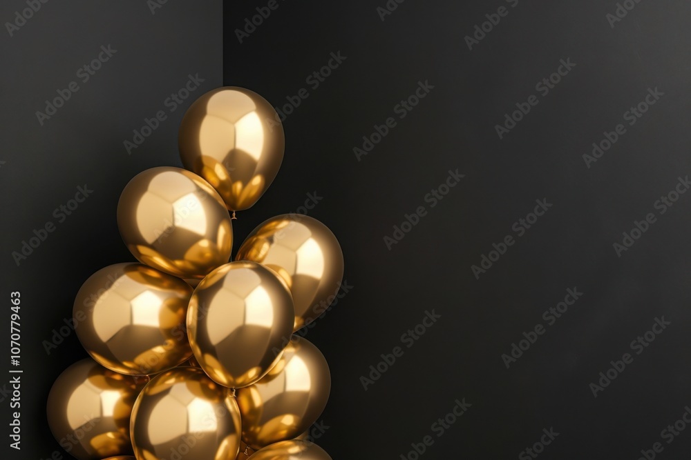 Playful arrangement of gold balloons peeking from behind a black wall corner Playful arrangement of gold balloons peeking from behind a black wall corner