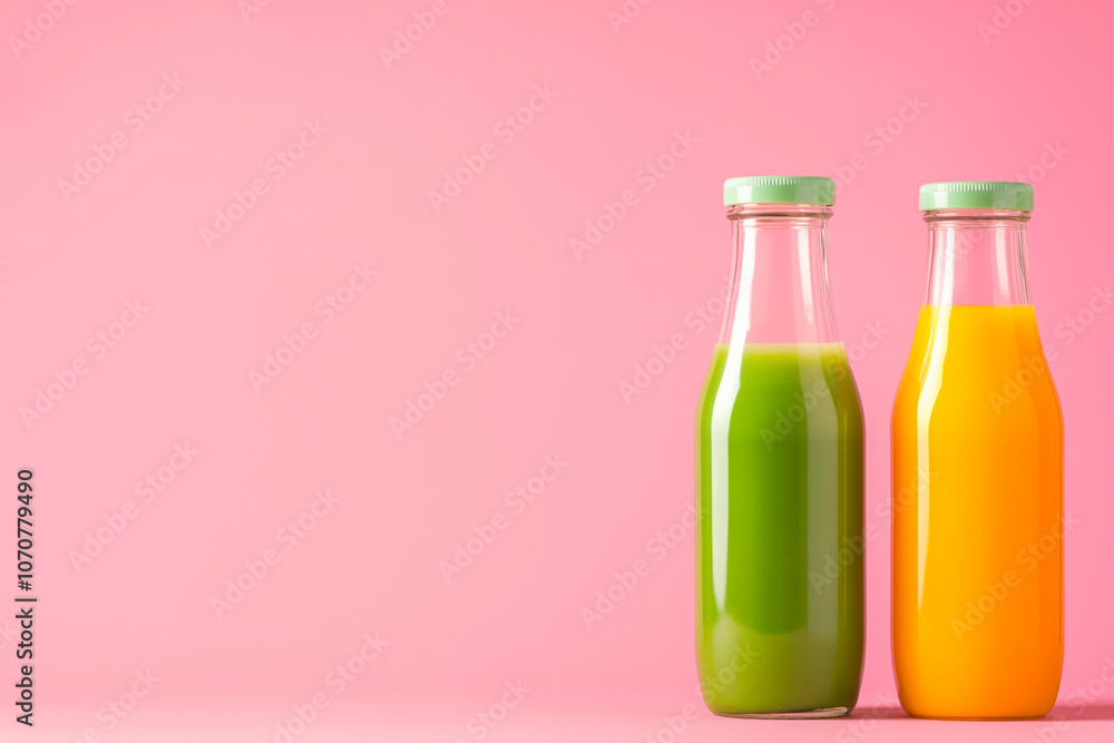Detox breakfast. vegetable smoothies in glass bottles on a pink background. freshly made vitamin cocktails. Detox breakfast. vegetable smoothies in glass bottles on a pink background. freshly made vitamin cocktails.
