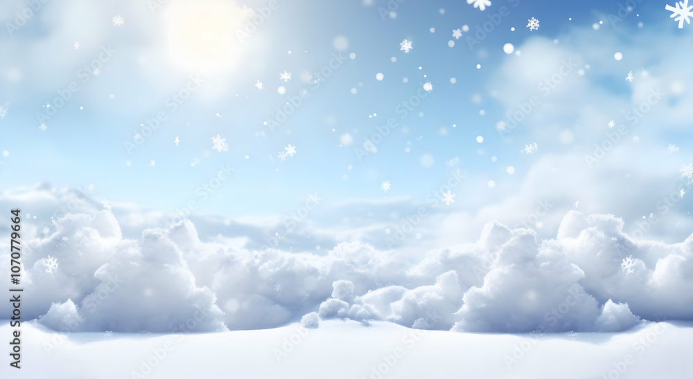 A serene winter landscape with fluffy clouds and falling snowflakes under a bright sky. A serene winter landscape with fluffy clouds and falling snowflakes under a bright sky.