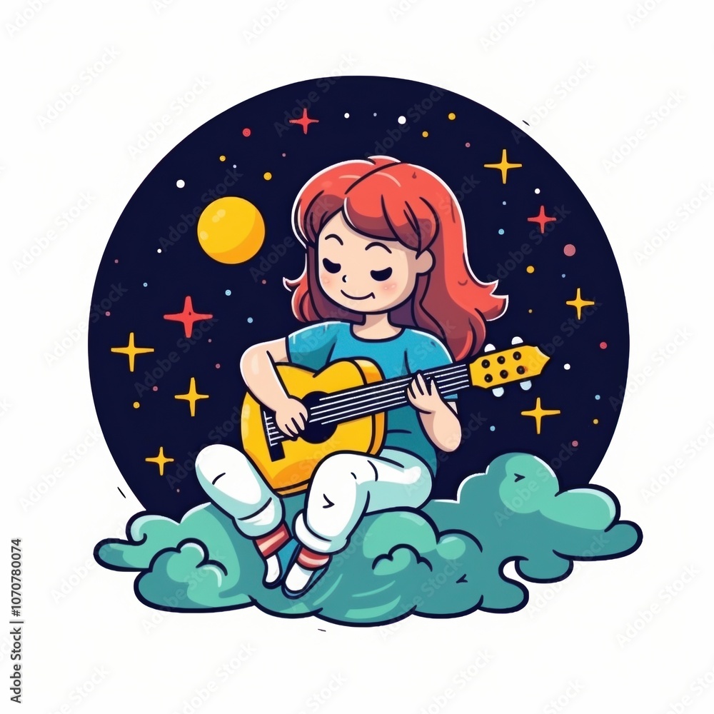 Young girl with red hair playing guitar sitting on clouds under a starry sky. Young girl with red hair playing guitar sitting on clouds under a starry sky.