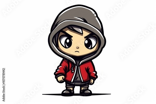 Cartoon character with a hooded jacket and determined expression, standing confidently.