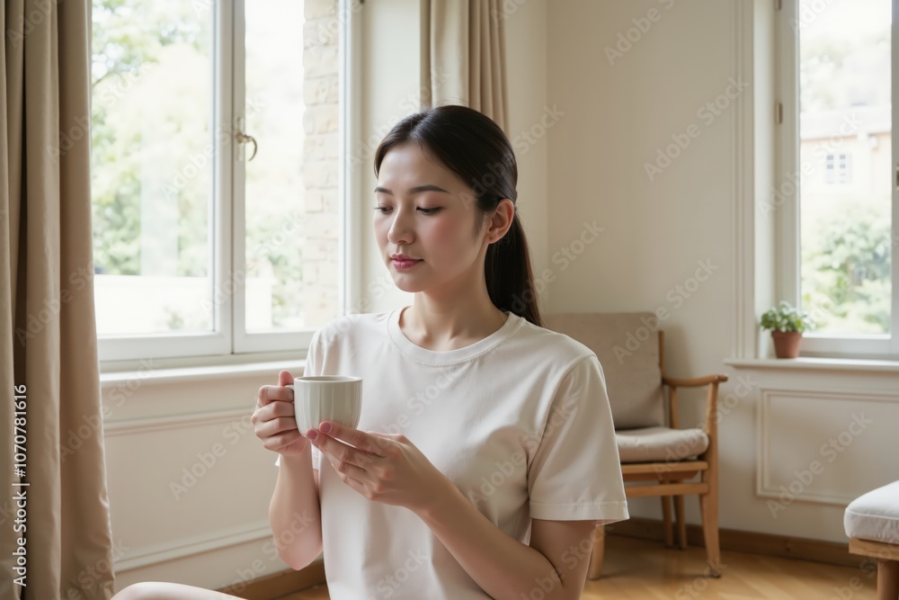 Peaceful morning: woman enjoying a cup of tea by the window in a cozy bright room. Peaceful morning: woman enjoying a cup of tea by the window in a cozy bright room.