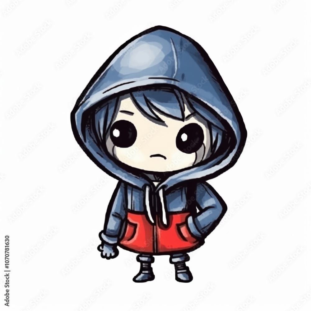 Charming chibi character in a blue hoodie and red outfit, exuding a playful vibe. Charming chibi character in a blue hoodie and red outfit, exuding a playful vibe.