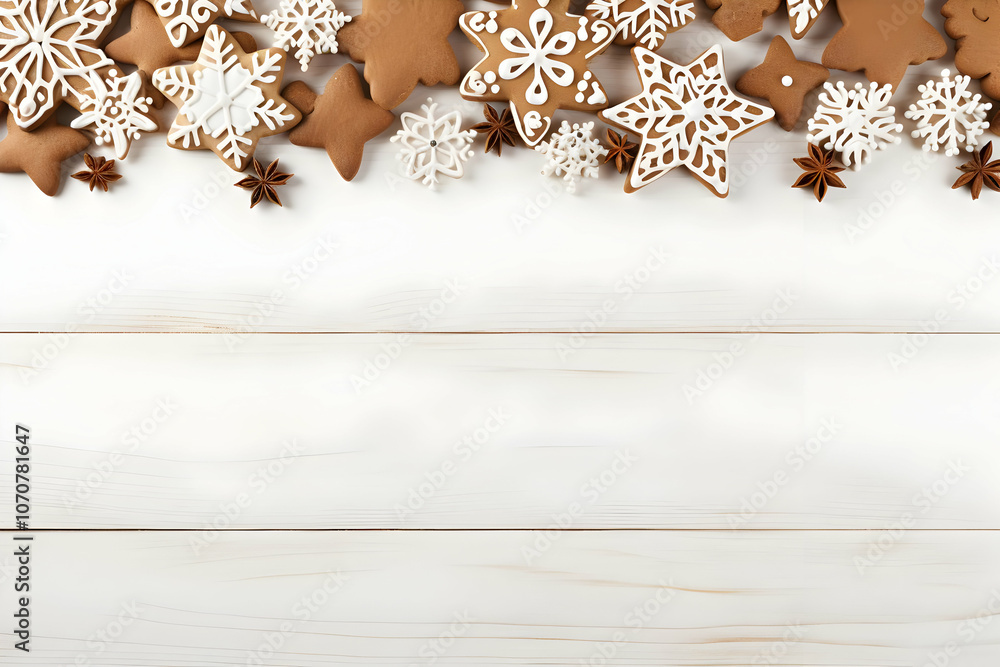 Fototapeta premium A festive arrangement of gingerbread cookies shaped like stars and snowflakes on a wooden background.