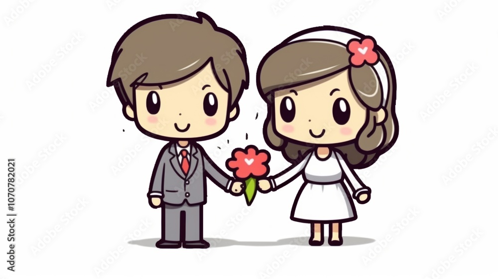 Adorable chibi-style illustration of a wedding couple holding hands, embodying love and joy. Adorable chibi-style illustration of a wedding couple holding hands, embodying love and joy.