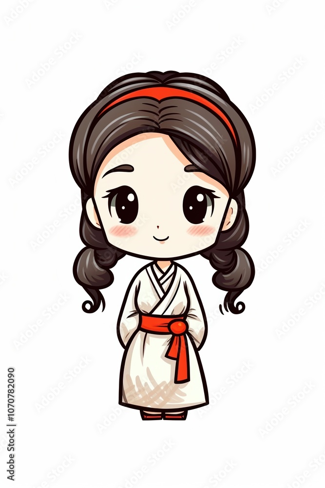 Cute chibi girl with braided hair wearing a white robe and orange belt, smiling warmly. Cute chibi girl with braided hair wearing a white robe and orange belt, smiling warmly.