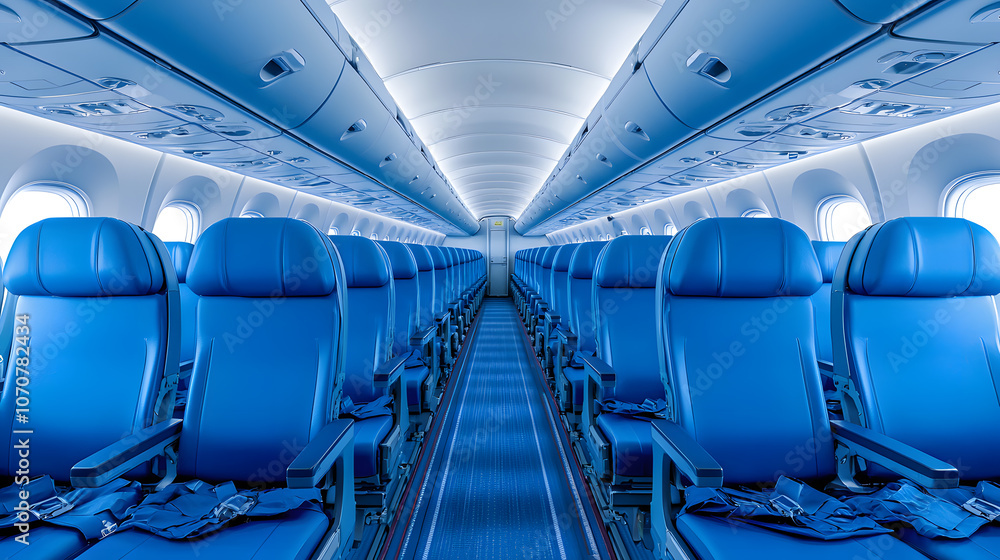 Fototapeta premium Inside modern airplane cabin with rows of empty seats