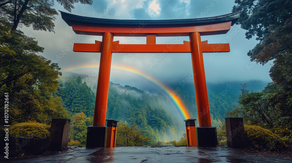 Naklejka premium red wooden japanese Torii Gate with rainbow 