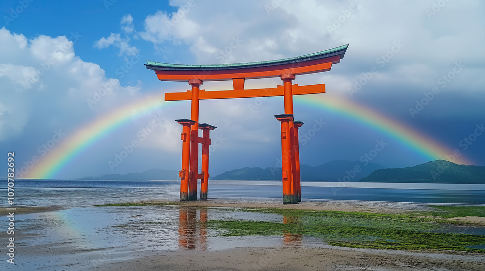 red wooden japanese Torii Gate with rainbow red wooden japanese Torii Gate with rainbow