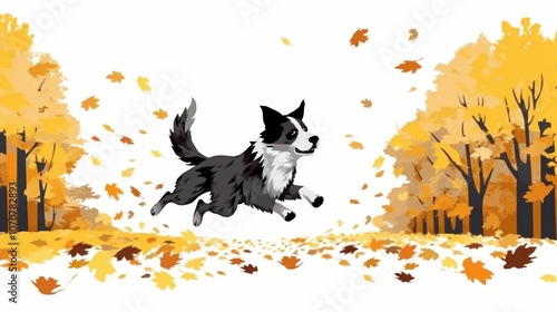 Illustrated black and white dog joyfully leaps through a vibrant autumn forest with falling leaves.