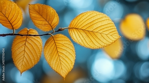 Close-up of vibrant yellow leaves on a tree branch, capturing the warmth of autumn sunlight. The image symbolizes renewal, transformation, and the transient beauty of nature’s seasonal cycles