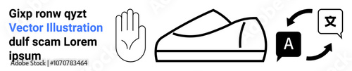 Hand stop gesture, sneaker icon, text bubbles with speech and translation symbols. Ideal for language services, translation, footwear, fashion, communication, instruction, learning. Landing page