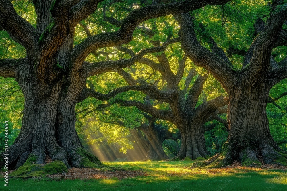 A serene forest scene featuring majestic trees with sunlight filtering through the leaves, creating a tranquil atmosphere. A serene forest scene featuring majestic trees with sunlight filtering through the leaves, creating a tranquil atmosphere.