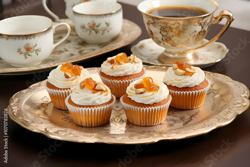 A beautifully arranged platter of cupcakes accompanied by elegant tea cups and a coffee cup.