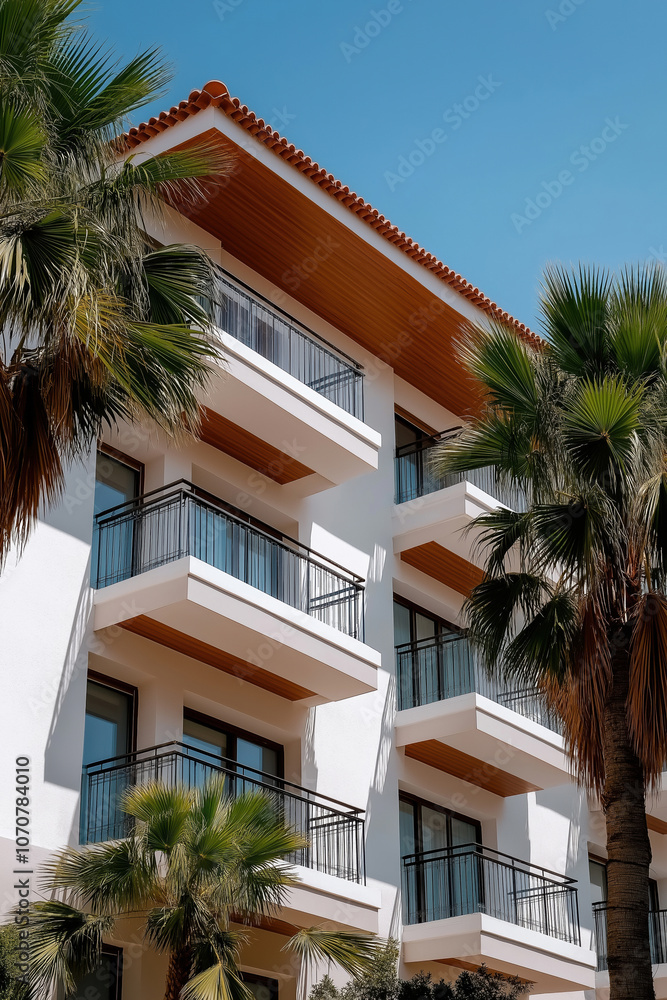 Fototapeta premium Modern residential building with balconies surrounded by palm trees in sunny weather