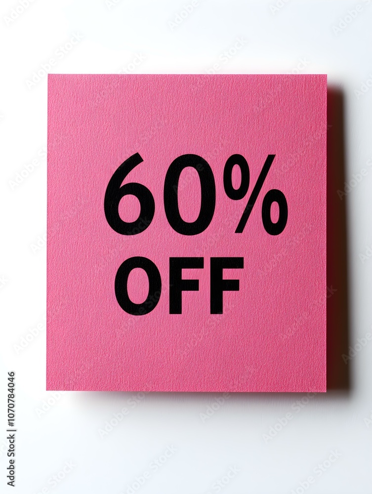 Black '60% OFF' Text on a Pink Square Paper Note. White Background Black '60% OFF' Text on a Pink Square Paper Note. White Background