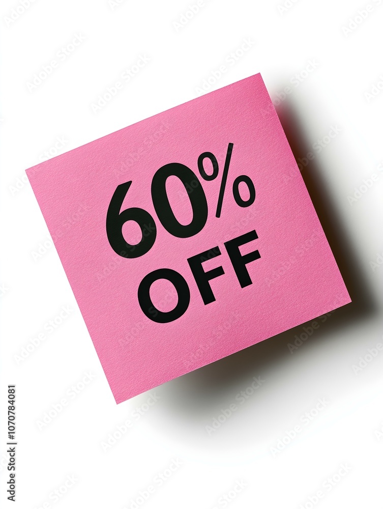 Black '60% OFF' Text on a Pink Square Paper Note. White Background Black '60% OFF' Text on a Pink Square Paper Note. White Background