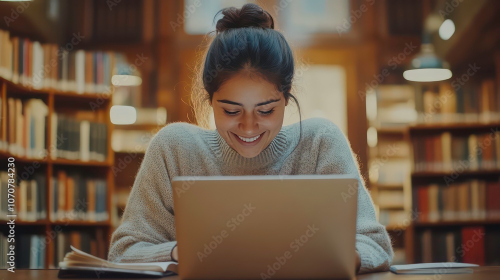 Young happy smiling Hispanic female student preparing for exam using laptop in university library. College student studying remotely. Education and technology background Young happy smiling Hispanic female student preparing for exam using laptop in university library. College student studying remotely. Education and technology background