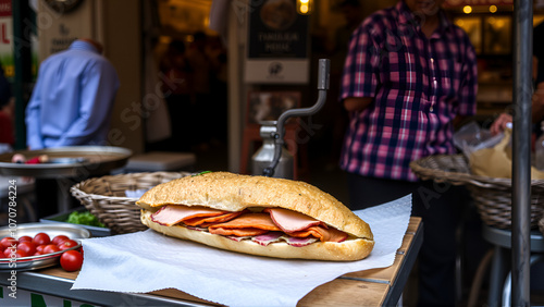 Vibrant Italian street food scene featuring a mouthwatering coglione, a traditional Florentine-style sandwich, filled