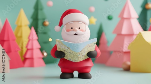 A cartoon character dressed as Santa Claus is reading a map