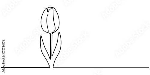  Continuous one single line drawing beauty tulip flower vector. Minimal tropical floral style, love romantic concept, Flower drawing mono line. Continuous line icon on white background.