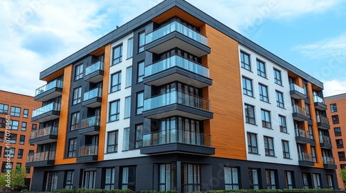 Modern apartment building with balconies and large windows.