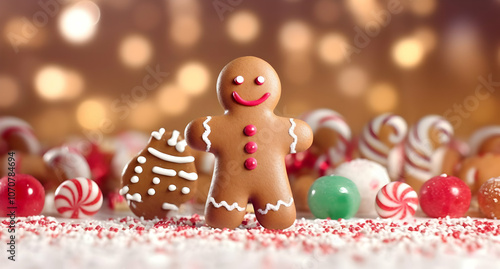 A festive scene featuring a gingerbread man among colorful candies and holiday decorations.