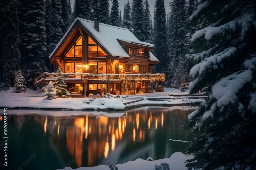 Fototapeta premium A cozy cabin by a serene lake, surrounded by snow-covered trees at dusk.