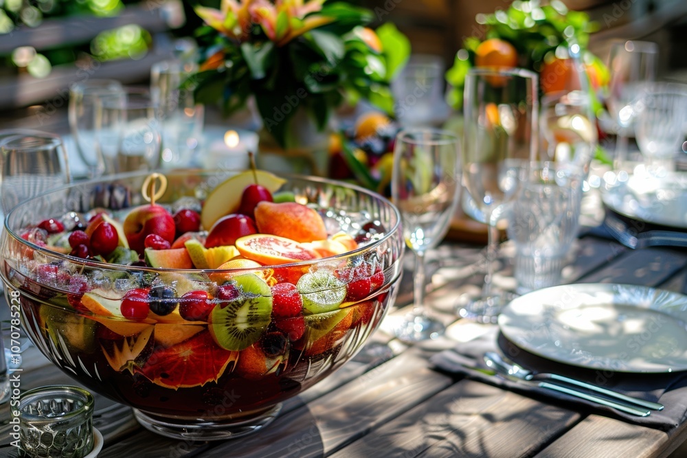 Refreshing summer fruit bowl on elegant outdoor dining table Refreshing summer fruit bowl on elegant outdoor dining table
