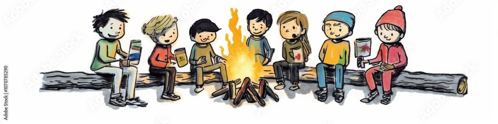 Group of diverse children enjoying campfire with hot drinks, sharing stories and laughter. Group of diverse children enjoying campfire with hot drinks, sharing stories and laughter.