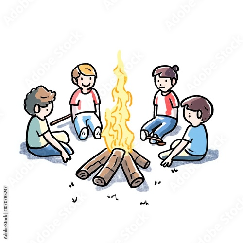 Illustrated group of children gathered around a campfire, enjoying a peaceful evening.