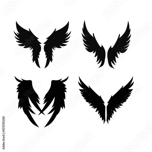 Vector monochrome set of different wings for design black