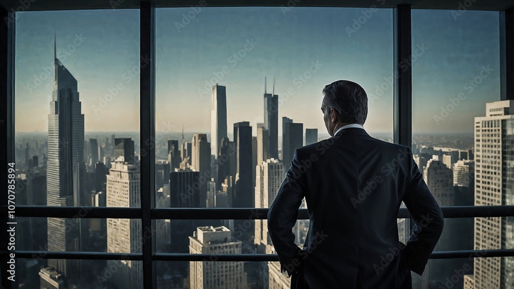 Fototapeta premium Lone executive in an open room, silhouette on city background, businessman concept.