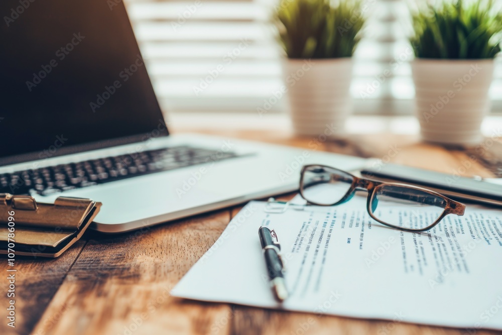 Close-up of Documents, Glasses, and Laptop on a Wooden Table Close-up of Documents, Glasses, and Laptop on a Wooden Table