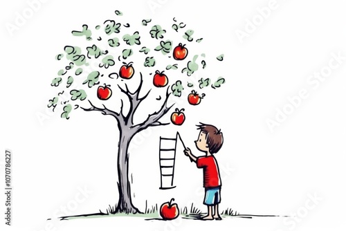 A young boy reaches for an apple on a tree using a stick, with a ladder nearby.