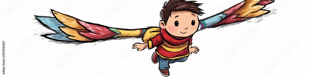 Illustration of a boy with colorful wings flying joyfully in the sky. Illustration of a boy with colorful wings flying joyfully in the sky.