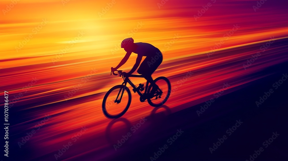 Obraz premium Silhouette of a cyclist riding fast against a dramatic sunset backdrop, conveying motion and freedom.