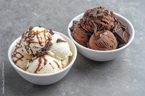 Two bowls of ice cream, one with vanilla topped with chocolate shavings, and the other with chocolate scoops and chocolate pieces. photo