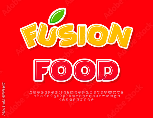 Vector bright emblem Fusion Food. Digital Red Font. Glossy Alphabet Letters and Numbers set.