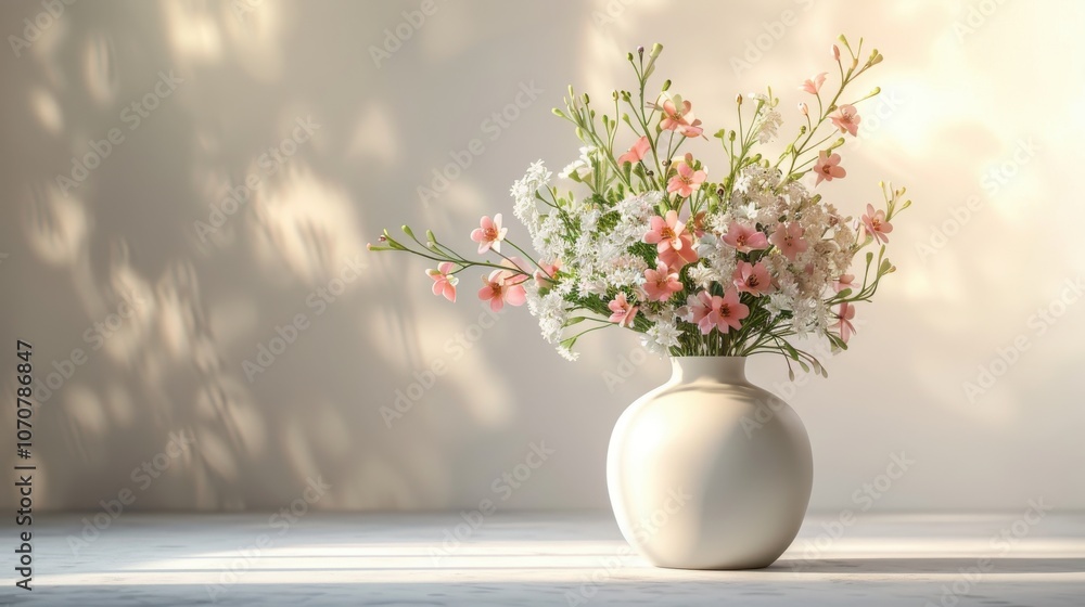 Detailed 3D render of a classic vase with flowers, with soft pastel tones on a light background, ideal for home decor visuals Detailed 3D render of a classic vase with flowers, with soft pastel tones on a light background, ideal for home decor visuals