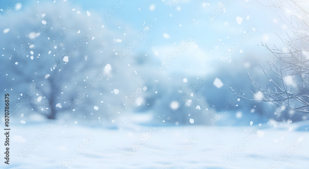 A serene winter landscape with falling snowflakes and frosted trees. A serene winter landscape with falling snowflakes and frosted trees.