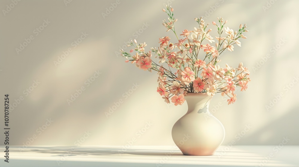 Detailed 3D render of a classic vase with flowers, with soft pastel tones on a light background, ideal for home decor visuals Detailed 3D render of a classic vase with flowers, with soft pastel tones on a light background, ideal for home decor visuals