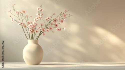 Detailed 3D render of a classic vase with flowers, with soft pastel tones on a light background, ideal for home decor visuals