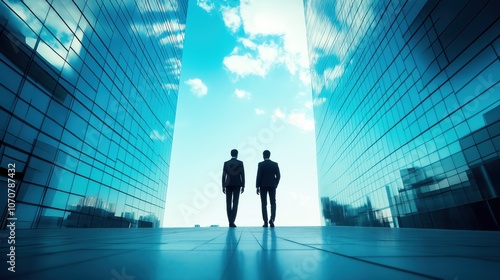 Two businessmen walking on street discuss business ideas between glass office building reflect of blue sky white clouds